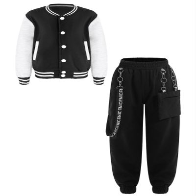 Freebily Girls Boys Long Sleeve Bomber Jacket Coat Sweatshirt Outwear with Cargo Pants for Workout Skateboarding Black 11-12 Years
