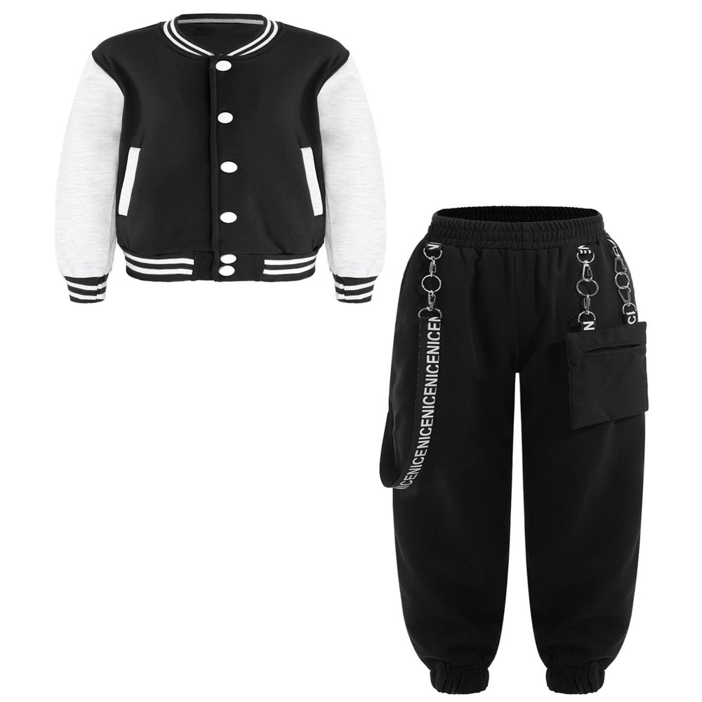 Freebily Girls Boys Long Sleeve Bomber Jacket Coat Sweatshirt Outwear with Cargo Pants for Workout Skateboarding Black 11-12 Years