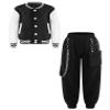 Freebily Girls Boys Long Sleeve Bomber Jacket Coat Sweatshirt Outwear with Cargo Pants for Workout Skateboarding Black 11-12 Years view 1