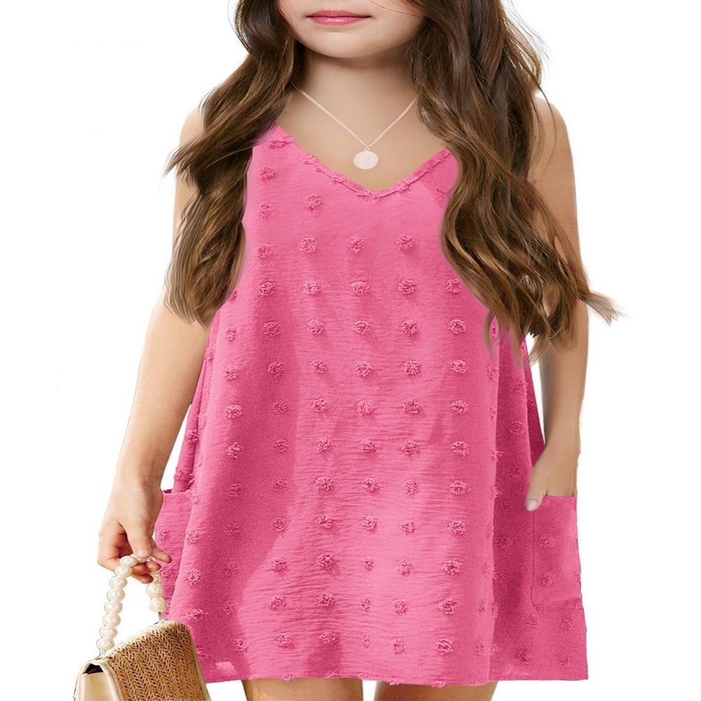 Batermoon Girls Swim Cover Up Swiss Polka Dot Summer Beach Dress V Neck Boho Cute Dresses with Pockets 4-14 Years