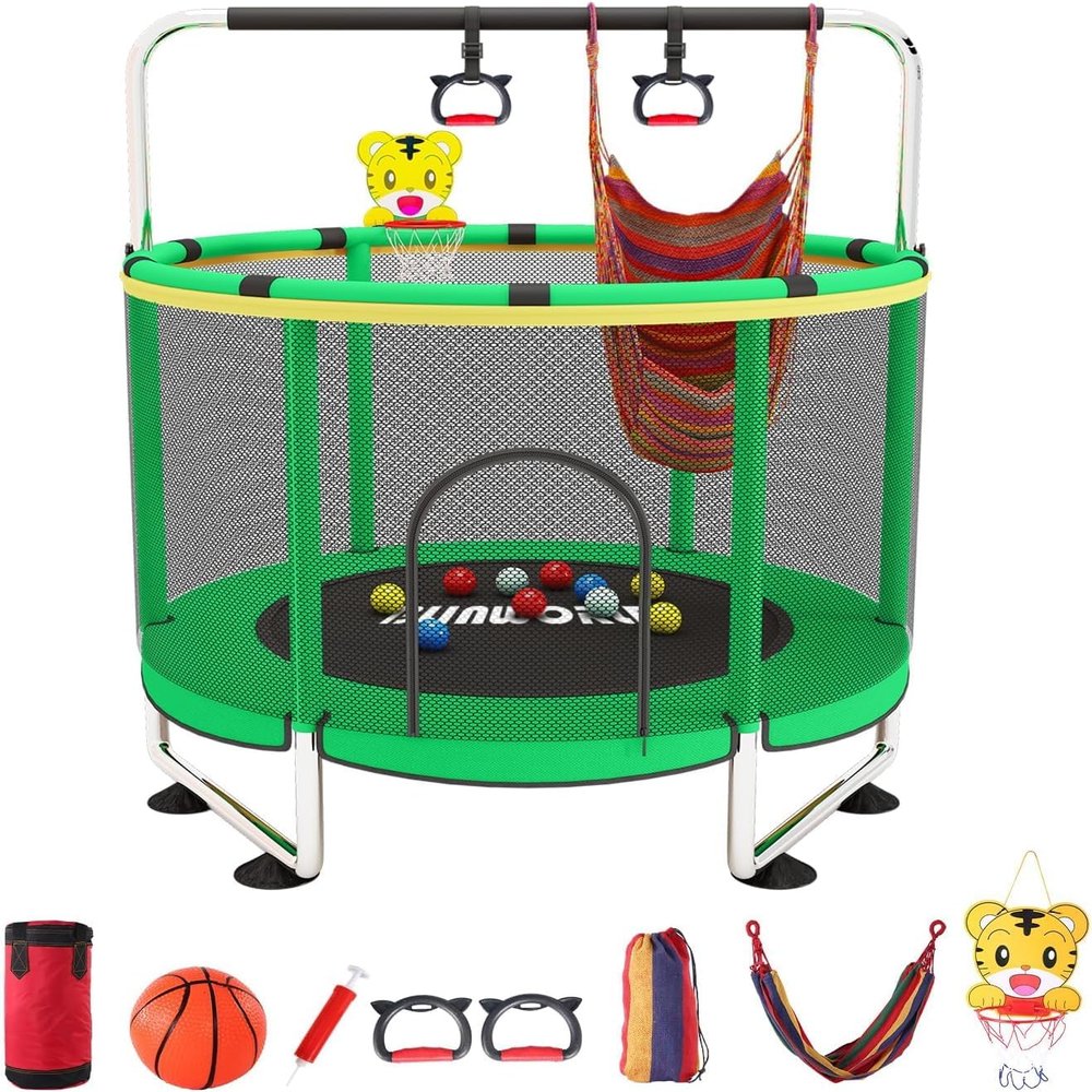 BLINWORLD Trampoline for Kids, Adjustable Baby Toddler Trampoline with Basketball Hoop, 440lbs Indoor Outdoor Toddler Trampolin with Enclosure (Dark Green)