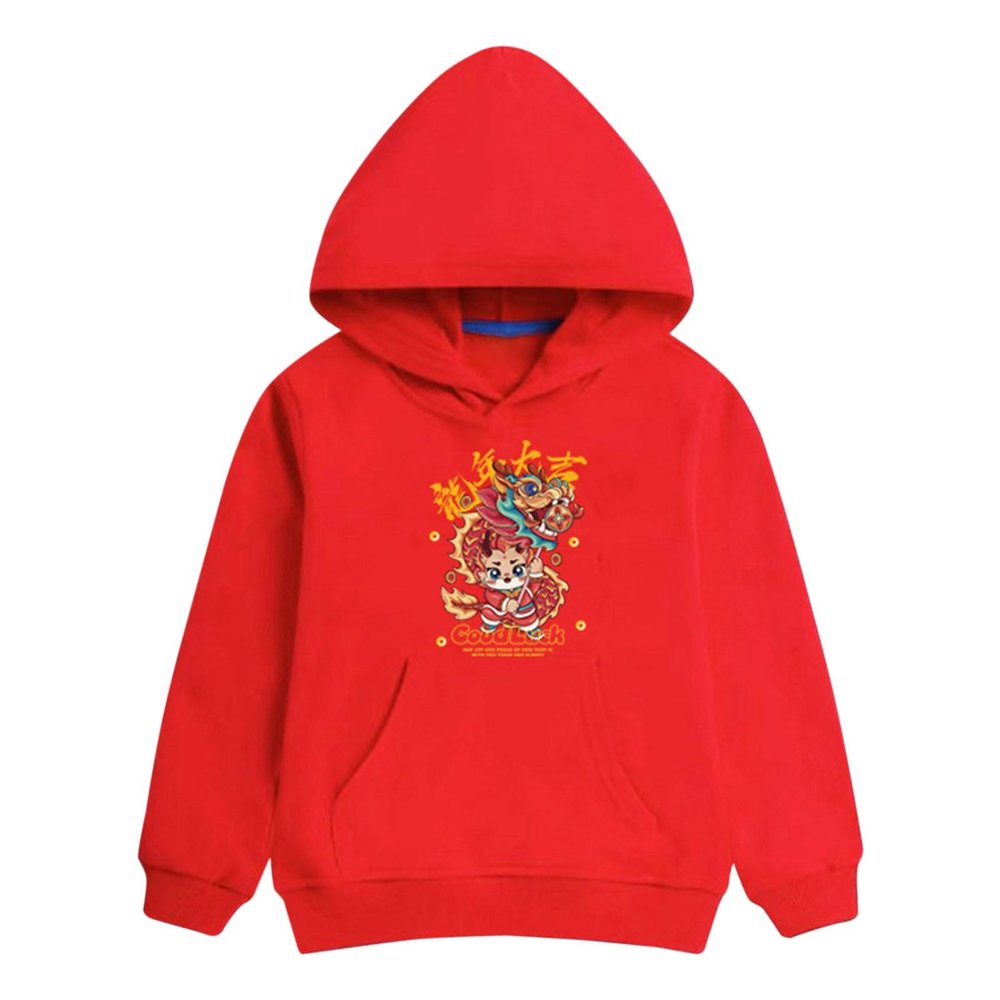 Happy 2022 Chinese New Year of the Dragon Unisex Red Hoodie Sweatshirt for Boys Girls Kids (D, 10-11 Years)