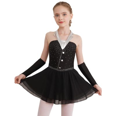 Agoky Girls Shiny Rhinestones Figure Skating Dress Ballet Lyrical Dance Costume Gymnastics Leotard Tutu Skirt Black B 16 Years