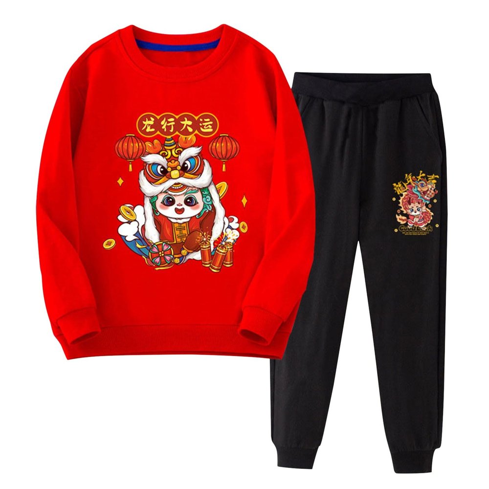 Chinese New Year Clothing Boy Dragon Year Long Sleeve Sweatshirt Pullover Tops + Joggers Pants Outfit (B, 12-18 Months)