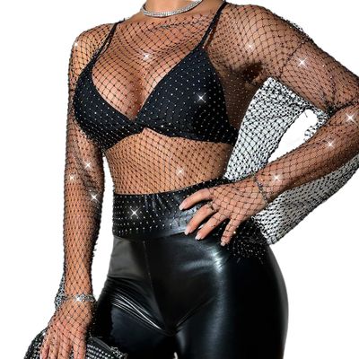 Women's Mesh Rhinestone Top Long Sleeve Rhinestones Fishnet Crop Top See-Through Cover Up Bikini Party Clubwear Mesh Sparkle Top Sheer Tops Black B M