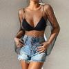 Women's Mesh Rhinestone Top Long Sleeve Rhinestones Fishnet Crop Top See-Through Cover Up Bikini Party Clubwear Mesh Sparkle Top Sheer Tops Black B M view 3
