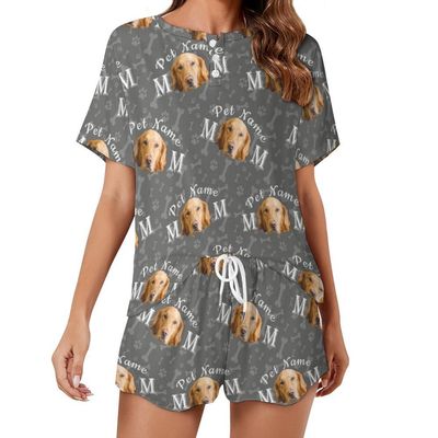 COWCUTE Personalized Dog Mom Pajama Set with Pet Face Photo Name, Custom Women Short Loungewear for Dog Cat Lover Puppy Owner