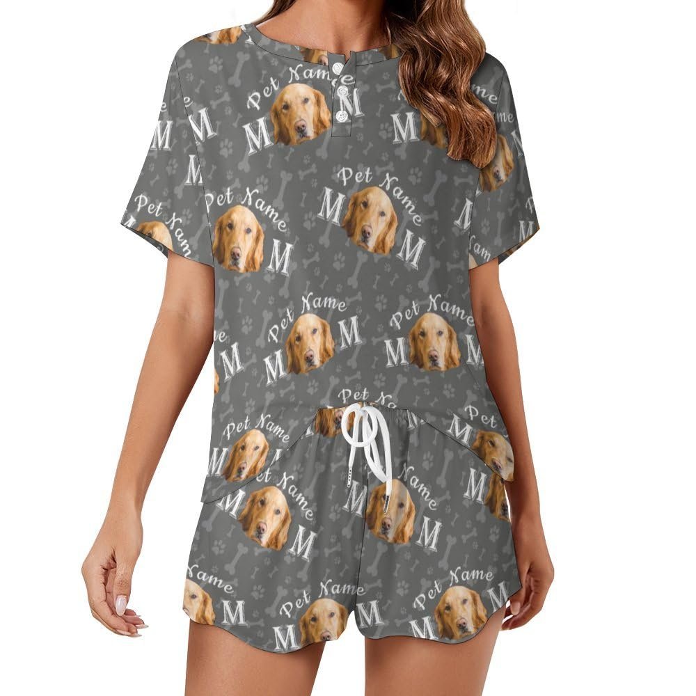 COWCUTE Personalized Dog Mom Pajama Set with Pet Face Photo Name, Custom Women Short Loungewear for Dog Cat Lover Puppy Owner