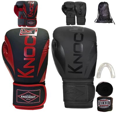 Knockout Elite Boxing Gloves 2 Pair Set, Complete Kit with Hand Wraps, Bag Pack, and Mouth Guard - Size 8oz-16oz-All Color Available