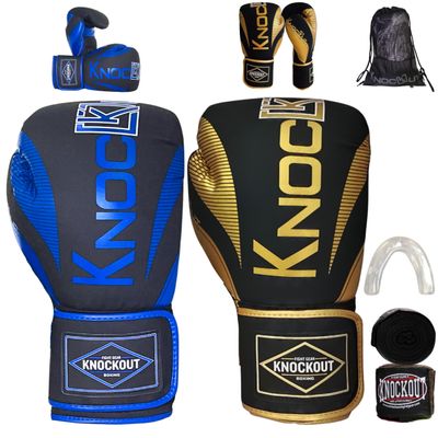 Knockout Elite Boxing Gloves 2 Pair Set, Complete Kit with Hand Wraps, Bag Pack, and Mouth Guard - Size 8oz-16oz-All Color Available
