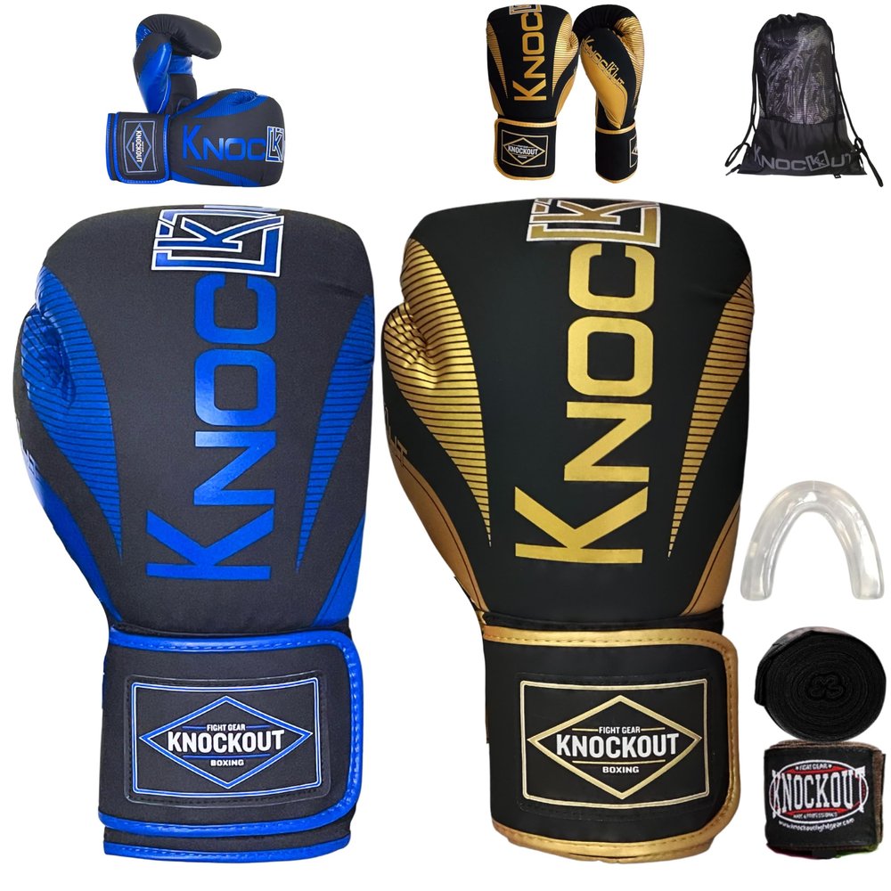 Knockout Elite Boxing Gloves 2 Pair Set, Complete Kit with Hand Wraps, Bag Pack, and Mouth Guard - Size 8oz-16oz-All Color Available