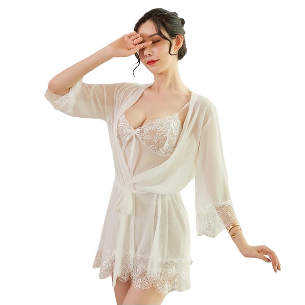 GRAYDREAM Lace Sexy Pajamas, Adult Sexy Underwear, See-through Wear, Women's Mesh Suspender Nightgown Set (White 402,L)