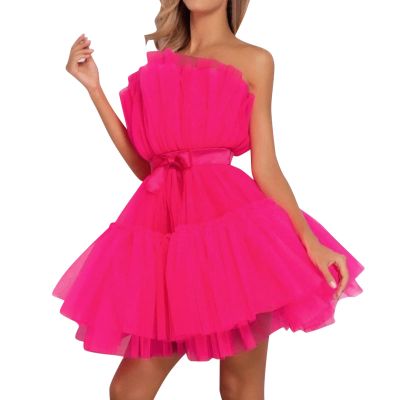 Tulle Prom Dress for Women Elegant Off The Shoulder Flowy A-Line Mini Dress Cocktail Party Evening Gown Cocktail Dresses Hot Pink