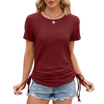 Womens Short Sleeve T Shirts Casual Tops Fashion Crew Neck Pullover Slim Fit Solid Drawstring Blouse Tunics Basic Tops Red