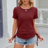 Womens Short Sleeve T Shirts Casual Tops Fashion Crew Neck Pullover Slim Fit Solid Drawstring Blouse Tunics Basic Tops Red view 2