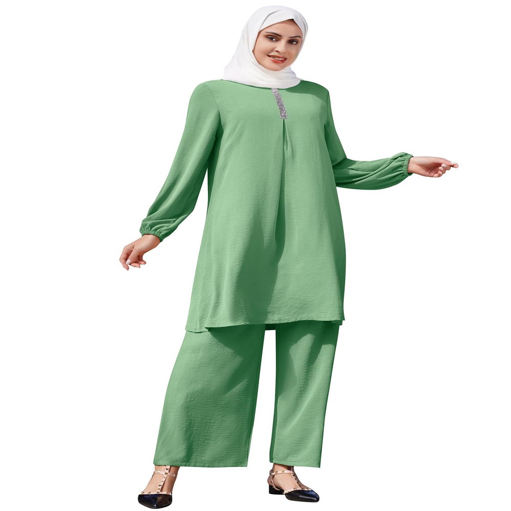 Abayas for Women Muslim 2 Pieces Sets Long Sleeve Sequins Top Shirt and Loose Wide Leg Pants Abaya Dubai Islamic Caftan Clothes Turkey kaftans Prayer Dress Robe Ramadan Clothing Green 2 S