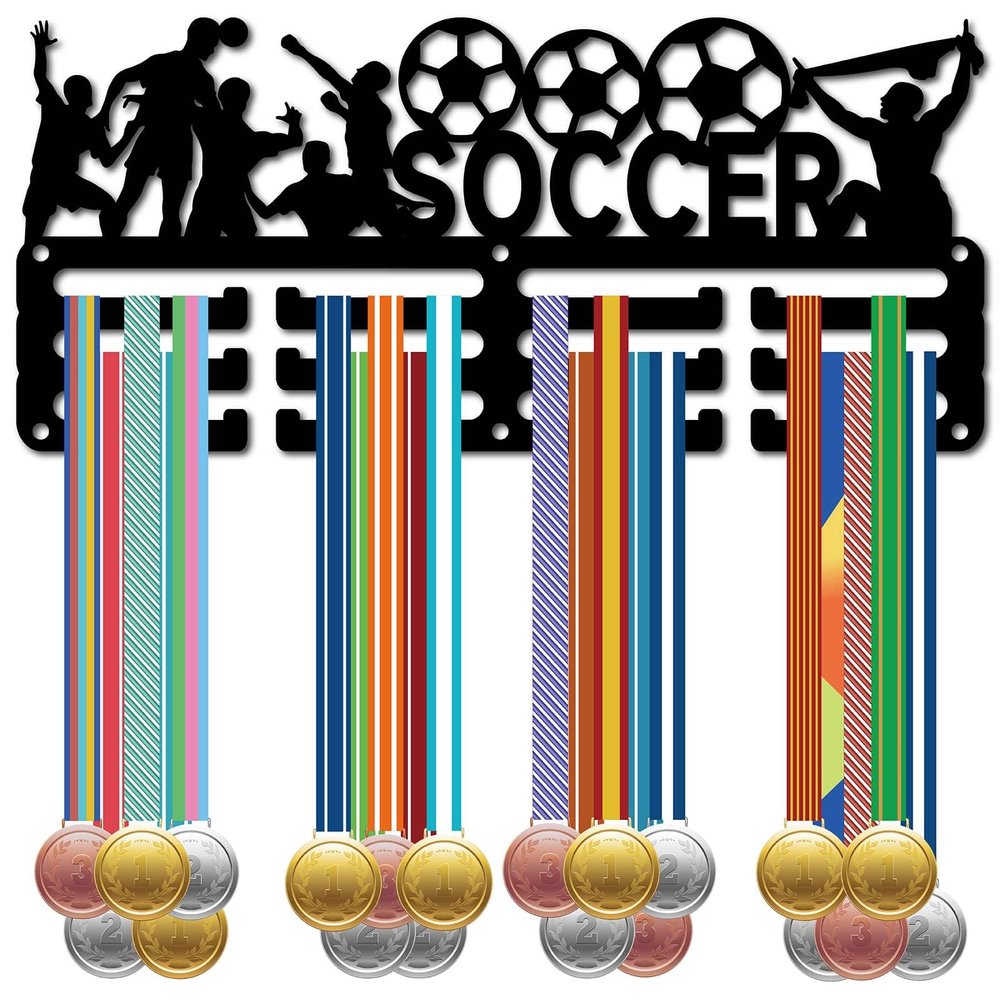 CREATCABIN Soccer Medal Holder Display Football Medal Hangers Rack Sports Metal Hanging Awards Iron Small Mount Decor Awards for Men Wall Home Badge Race Gymnastics Medalist Black 11.4 x 5.1 Inch