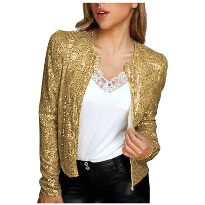 XUNRYAN Womens Sequin Sparkle Long Sleeve Zipper Bomber Jacket Glitter Shimmering Coat 80S 90S Disco Outfit Concert Clothes