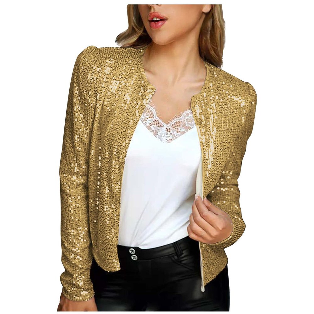 XUNRYAN Womens Sequin Sparkle Long Sleeve Zipper Bomber Jacket Glitter Shimmering Coat 80S 90S Disco Outfit Concert Clothes