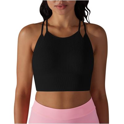 Womens Sports Bra Racerback Camisole Shirts Longline Wirefree Y2K Crop Tops Activewear Workout Gym Yoga Bra Tank Tops Black