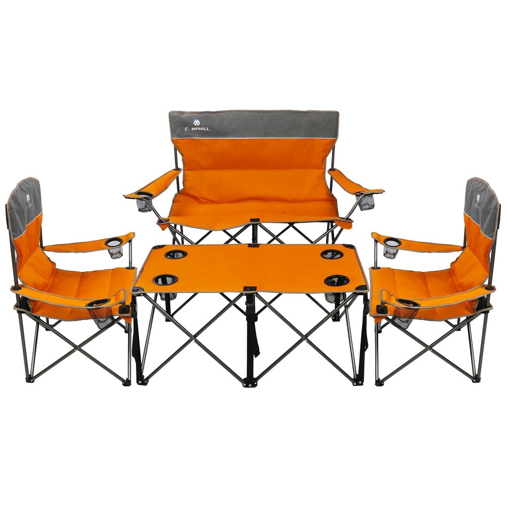 CAMPHILL Camping Set of 4 including Table. Heavy Duty Outdoor Folding Chairs with Cup Holder. Collapsible, Includes One Sofa & Two Single Chairs, Plus Camping Table