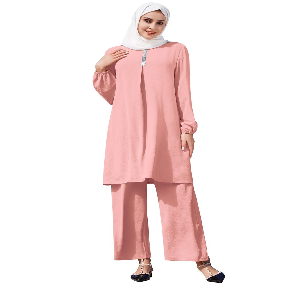 Abayas for Women Muslim 2 Pieces Sets Long Sleeve Sequins Top Shirt and Loose Wide Leg Pants Abaya Dubai Islamic Caftan Clothes Turkey kaftans Prayer Dress Robe Ramadan Clothing Pink 2 S