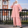 Abayas for Women Muslim 2 Pieces Sets Long Sleeve Sequins Top Shirt and Loose Wide Leg Pants Abaya Dubai Islamic Caftan Clothes Turkey kaftans Prayer Dress Robe Ramadan Clothing Pink 2 S view 4