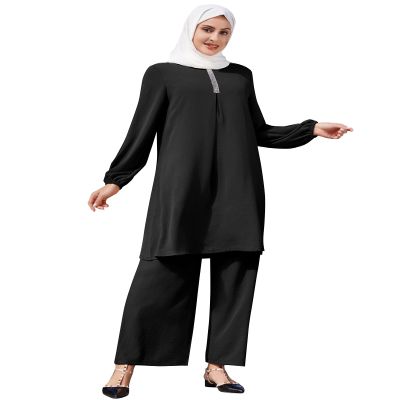 Abayas for Women Muslim 2 Pieces Sets Long Sleeve Sequins Top Shirt and Loose Wide Leg Pants Abaya Dubai Islamic Caftan Clothes Turkey kaftans Prayer Dress Robe Ramadan Clothing Black 2 XL