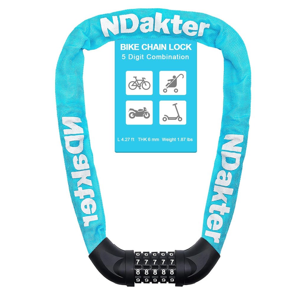 NDakter Bike Chain Lock, 5 Digit Combination Heavy Duty Anti Theft Bicycle Chain Lock,2.62/3.2/4.27/5/6Ft Long Security Resettable Bike Locks for Bike, Bicycle, Scooter, Door, Gate, Fence-4/6mm Thick