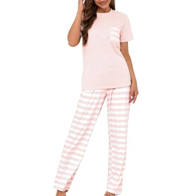 codcm Womens Pajama Set Stripe Print Short Sleeve Top With Pants Soft SleepwearPink,Large