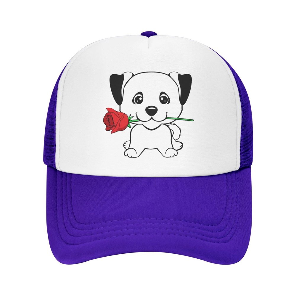 Cute Puppy with A Flower Trucker Hat Adjustable Baseball Cap for Unisex Snaps Hats Purple