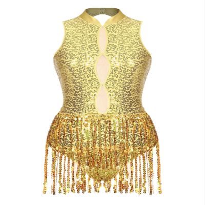 HULIJA Women Sexy Latin Jazz Dance Leotard Fringe Backless Rumba Salsa Tango Performance Costume C001Gold X-Large