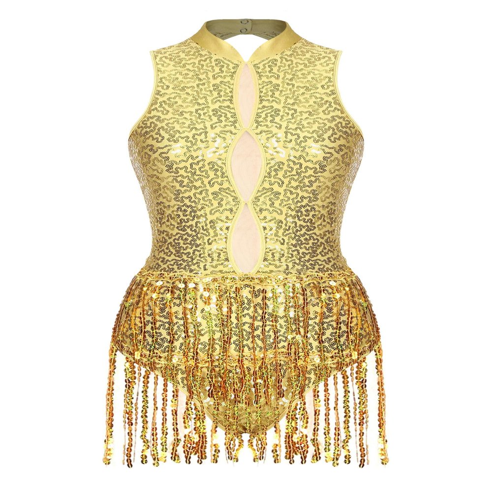 HULIJA Women Sexy Latin Jazz Dance Leotard Fringe Backless Rumba Salsa Tango Performance Costume C001Gold X-Large