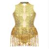 HULIJA Women Sexy Latin Jazz Dance Leotard Fringe Backless Rumba Salsa Tango Performance Costume C001Gold X-Large view 1