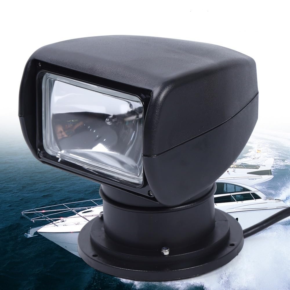 100W Marine Boat Spotlight Searchlight,360 Rotate Remote Control Marine Halogen Spotlight for Boat Truck Car,Waterproof SearchLights Bulb Flux 2500LM DC 12V (Black)