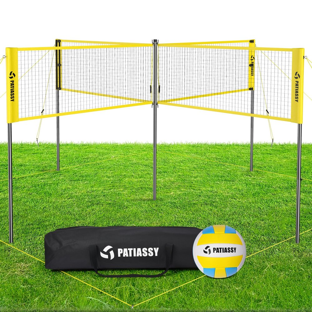 Patiassy 16FT 4 Square Volleyball Game Set with Adjustable Height, 4-Way Volleyball Badminton Net Outdoor for Backyard, Lawn and Beach with Portable Carry Bag