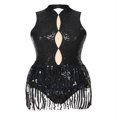 HULIJA Women Sexy Latin Jazz Dance Leotard Fringe Backless Rumba Salsa Tango Performance Costume C001Black X-Large