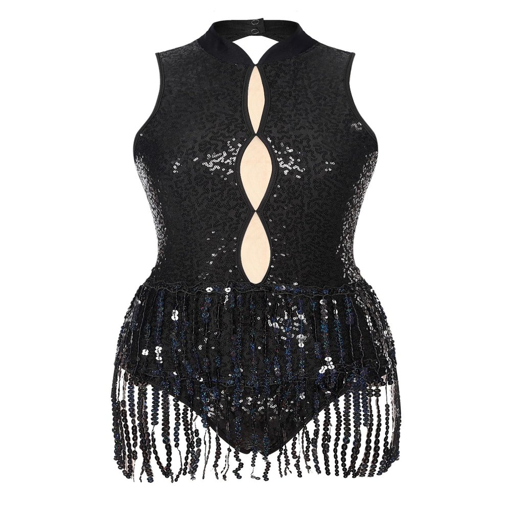 HULIJA Women Sexy Latin Jazz Dance Leotard Fringe Backless Rumba Salsa Tango Performance Costume C001Black X-Large