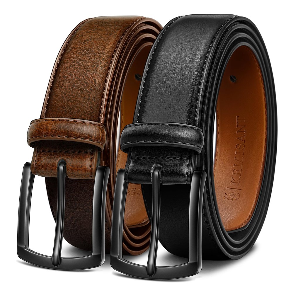 KEMISANT Men Belt 2Pack  Genuine Leather Belt for Men Dress Casual Golf Jeans 1 3/8" (Black/Deep Brown,38"-40" Waist Adjustable)