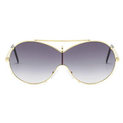 mincl Oversized Pilot Sunglasses Women Fashion Big Frame One Piece Sun Glasses Mask Goggle Trendy Metal Frame Oval Shades (gold gray)