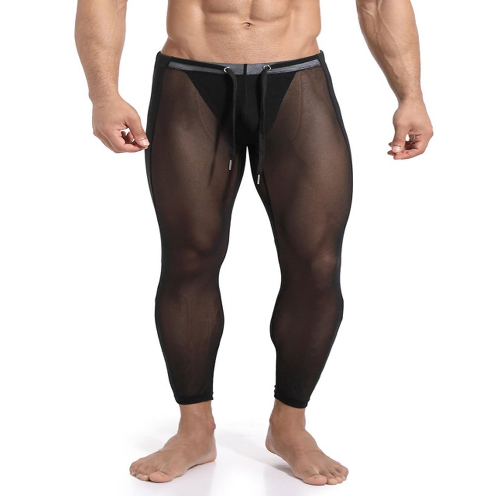 winying Men's Drawstrings Compression Pant Mesh See Through Yoga Running Leggings Base Layer Bottoms Long Johns Black Small