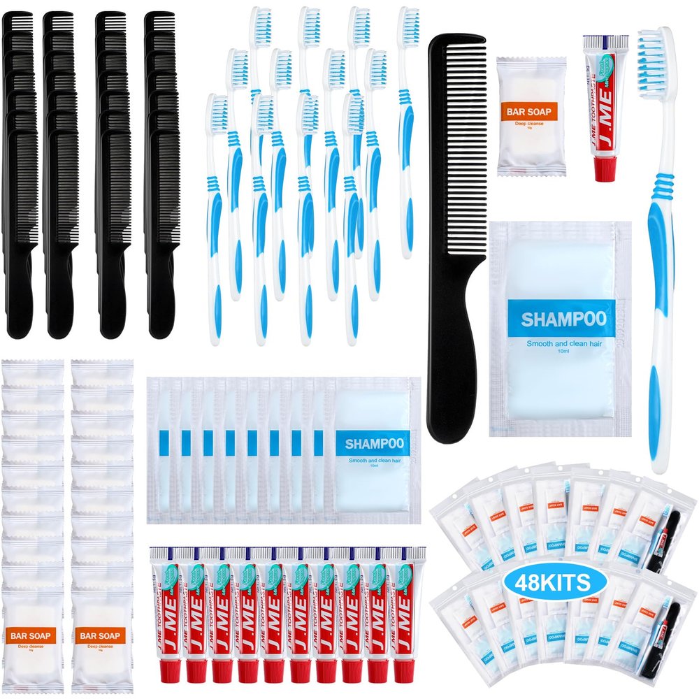 Newtay 240 Pcs 48 Kit Personal Hygiene for Homeless Bulk, Basic Disposable Toiletry Kit Homeless Care Package for Travel Charity Include Toothbrush, Toothpaste, Comb, Soap, Shampoo Toiletry Supplies