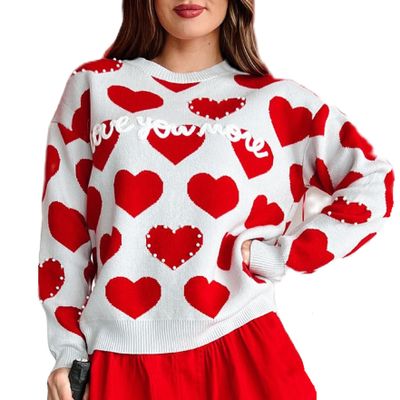 KMBANGI Women Heart Print Sweater Romantic Oversized Knitted Shirt Valentine Day Love Graphic Long Sleeve Pullover Top(Red,L)