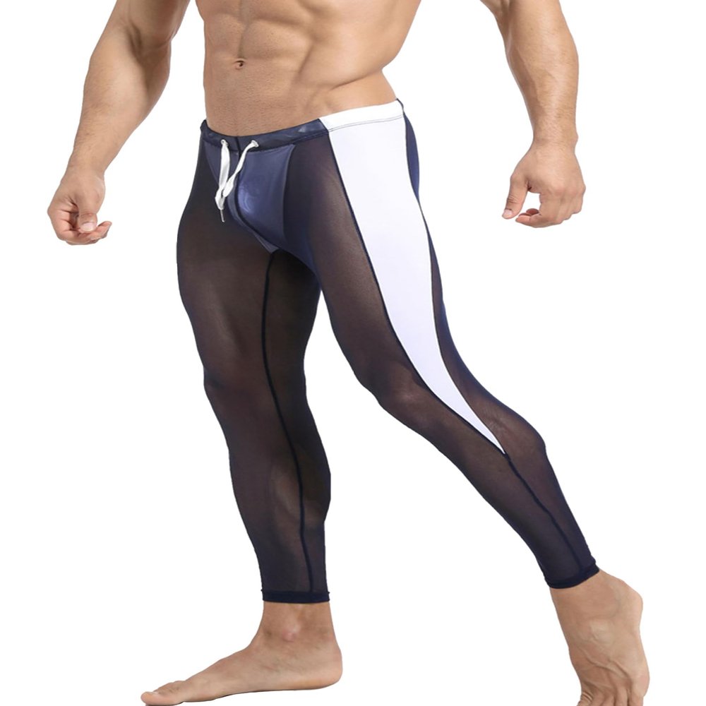 winying Men's Drawstrings Compression Pant Mesh See Through Yoga Running Leggings Base Layer Bottoms Long Johns Navy Blue X-Large