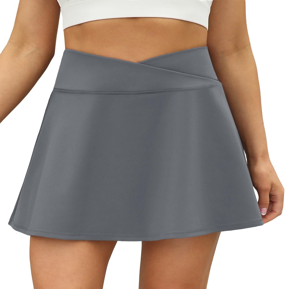 LouKeith Tennis Skirts for Women Pleated Crossover High Waisted Athletic Workout Golf Skorts Skirts with Shorts Pocket Gray S