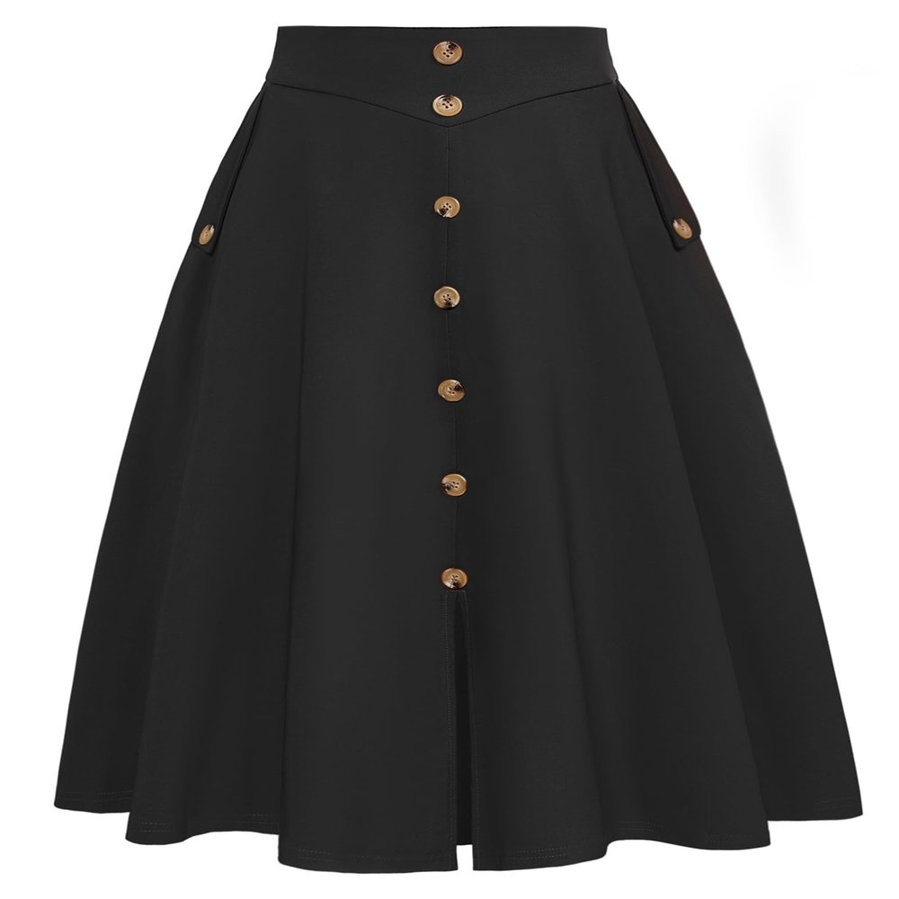 Womens A Line Midi Skirt Flared Vintage Skirts Pleated High Waisted Skirt Black Skirt with Pockets L