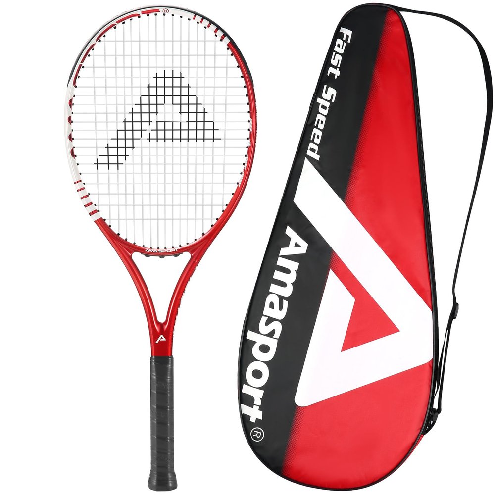 AMA SPORT Fast Speed Adult Tennis Racket - Pre-Strung Light Balance 27 inch Tennis Racquet for Women and Men Grip Size 2-4 1/4" (Red)