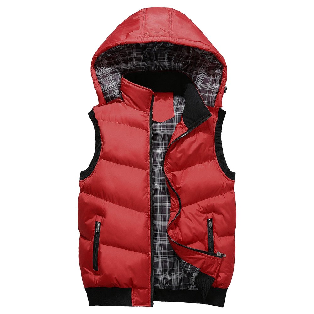 SWJGLITTR Men's Hooded Warm Vest Outdoor Sleeveless Stand Collar Jacket Thick Casual Padded Color Block Vest With Hood (Medium,Red)