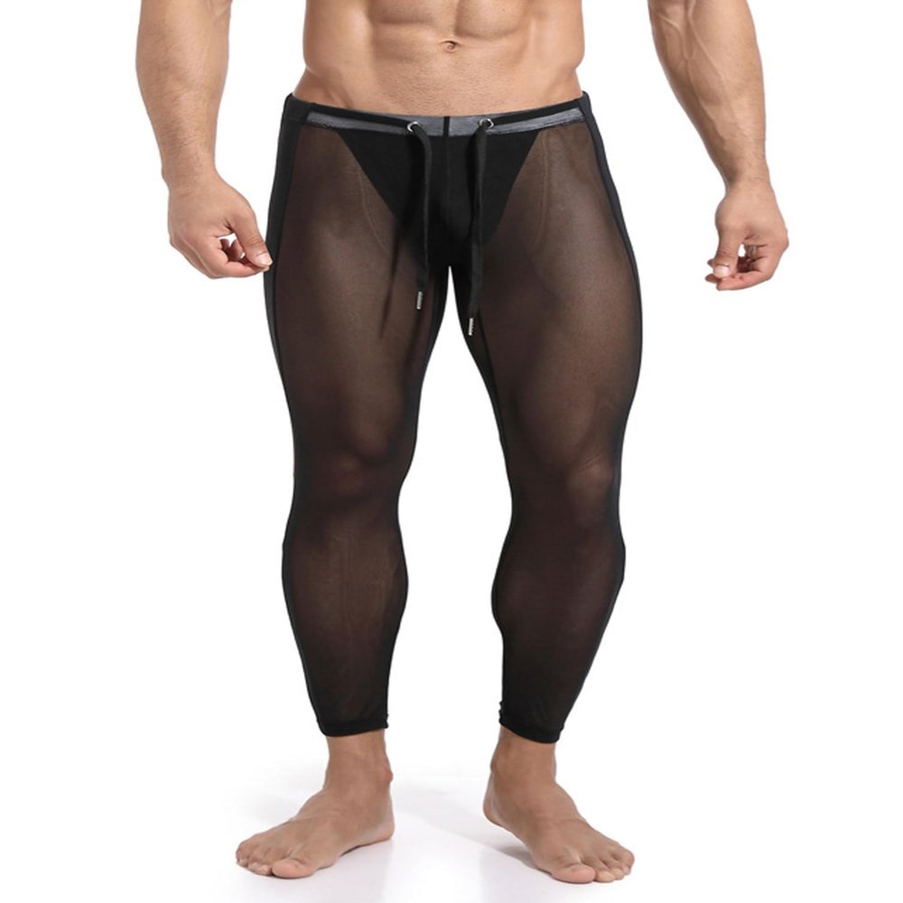 Alvivi Men's Sheer Mesh See Through Compression Pants Thermal Underwear Tights Workout Running Yoga Leggings Black Small