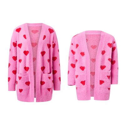 Mommy and Me Valentines Day Open Front Sweater Crewneck Long Sleeve Love Heart Cardigan Outerwear Coats (Girls, Pink, 10-11 Years)